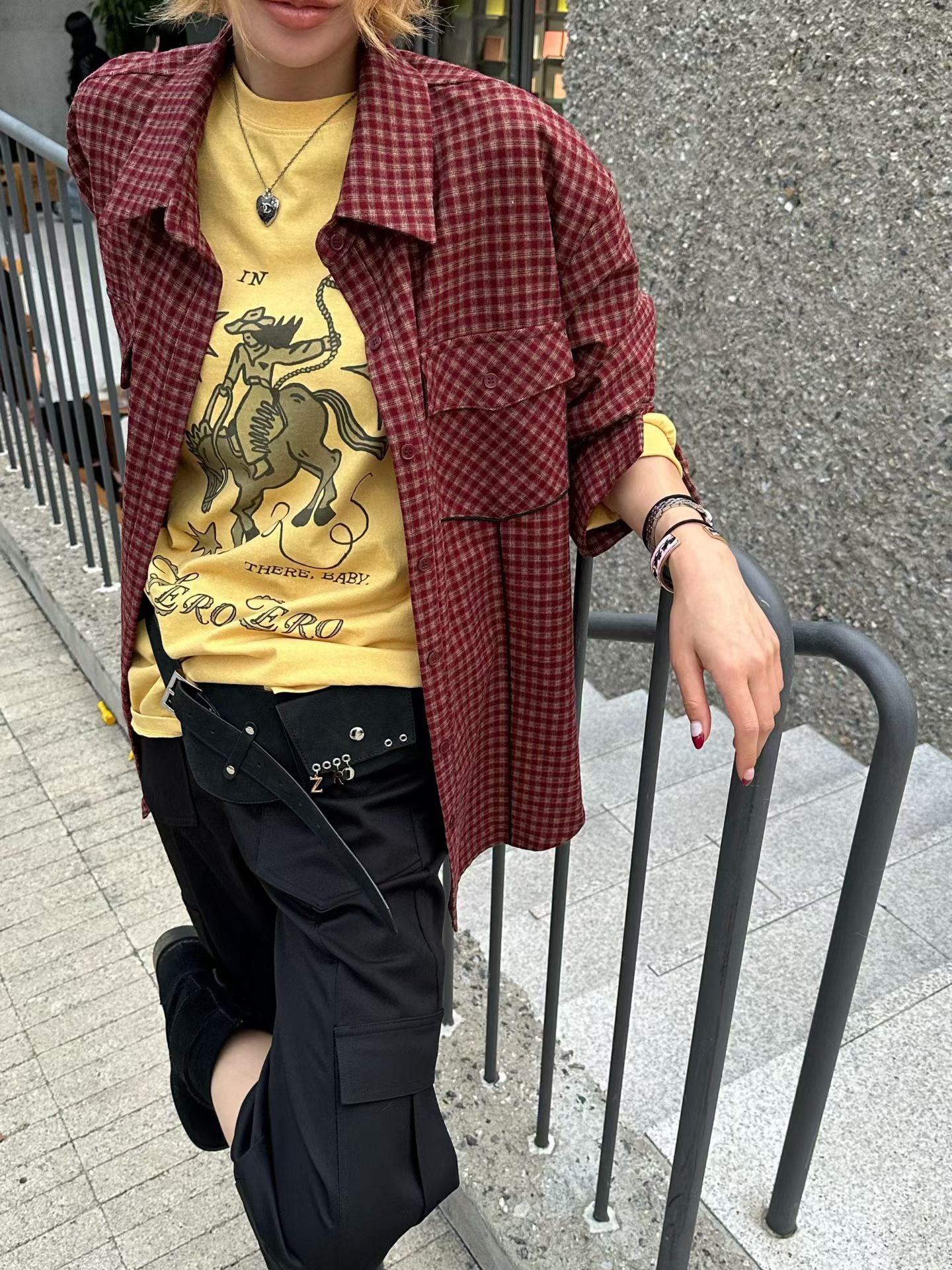 滾邊口袋格紋襯衫